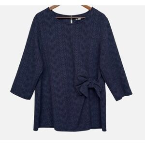 EST 1946 Navy Blue Textured Chevron Print 3/4 Sleeve Bow Detail Tunic Top 18/20W